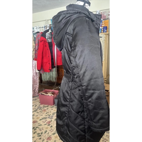 Converse One Star Womens Large Black Hooded Belted Quilted Parka Coat Winter - Picture 2 of 5